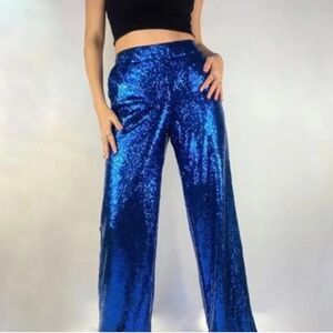 New York & Company Sequin Blue Wide Leg Party Holiday Pants Plus Size XXL